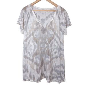 Kinross 100% Linen V-Neck Artsy Watercolor Short-Sleeve Coastal Blouse